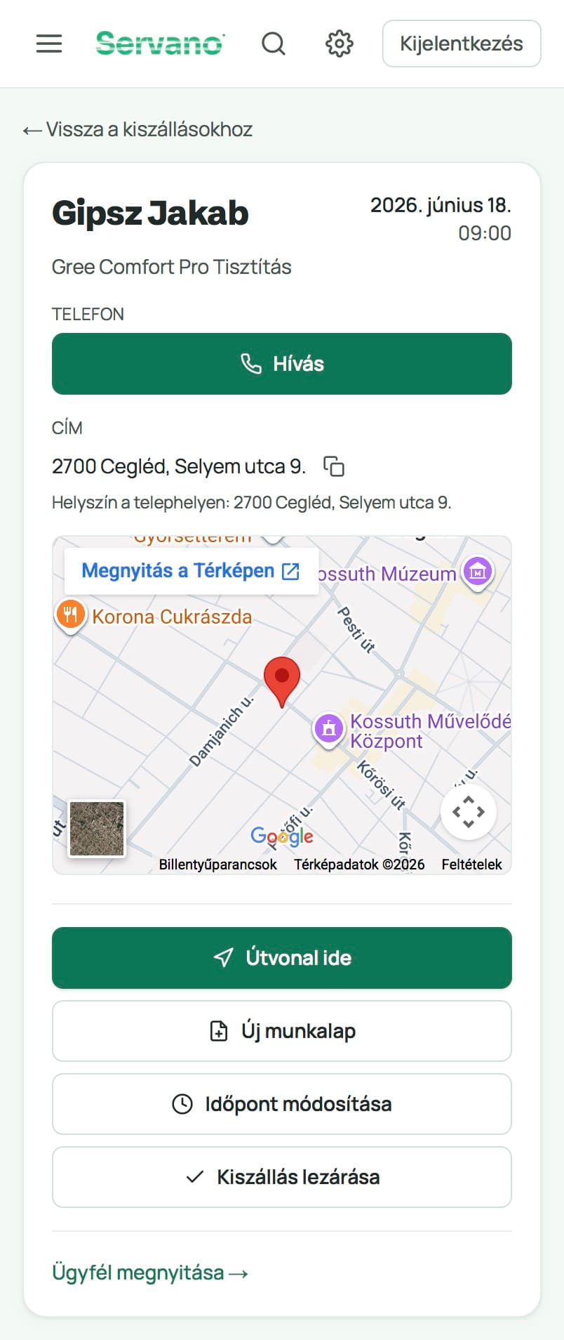 Servano kiszállás nézet a telefonon