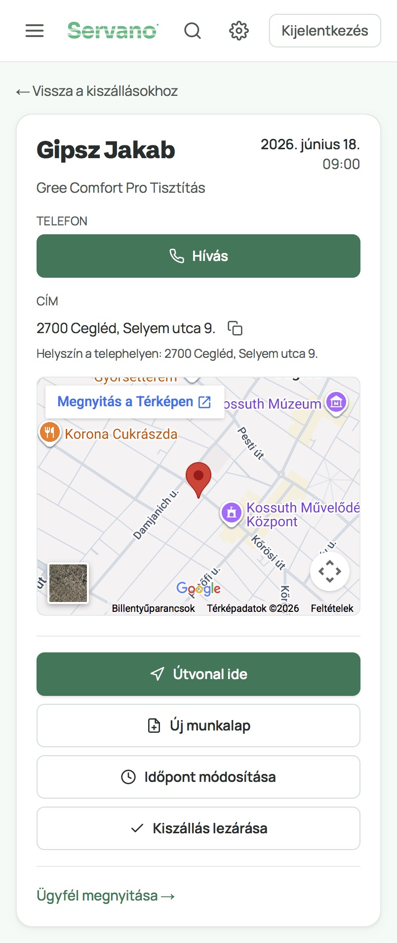 Servano kiszállás nézet a telefonon